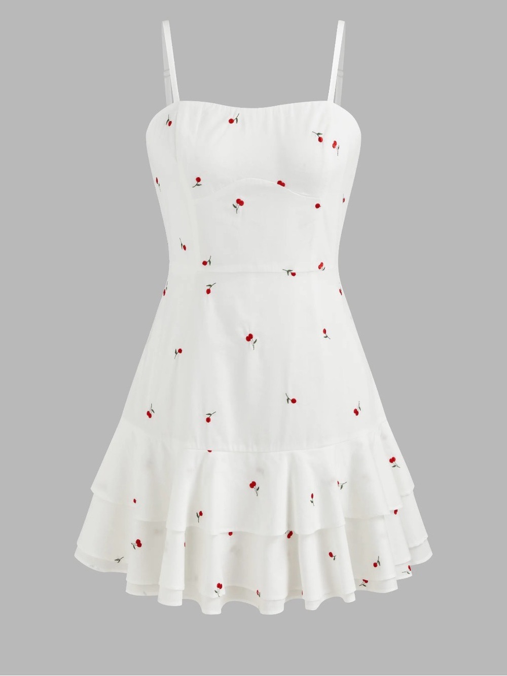 Cider White Spaghetti-Strap Dress with Red Cherry Motif